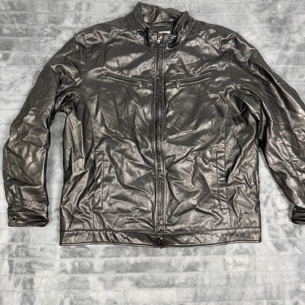 Michael Kors Mens Black Perforated Faux Leather Racer Jacket XXL Moto Zip Coat